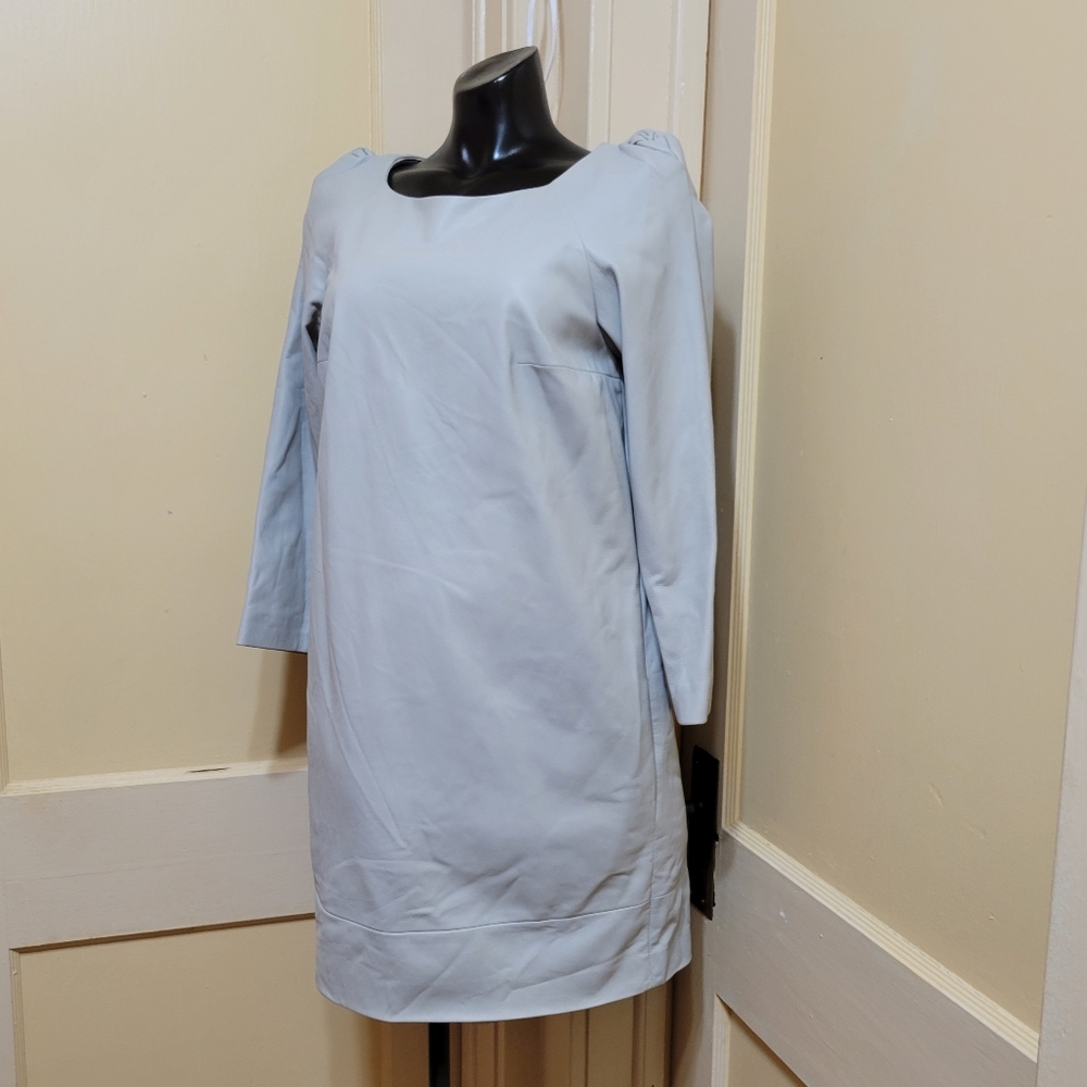 Staerk Pearl Gray Leather Sheath Shoulder Detail Mini Dress
